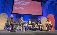 Israel's Ambassador to Sweden Ziv Nevo Kulman (second from right), Gothenburg Book Fair director Frida Edman (center), and Professor Christer Mattsson(second from left) participate in a forum on antisemitism in the book fair program, September 29, 2023 (Israel Embassy in Sweden)