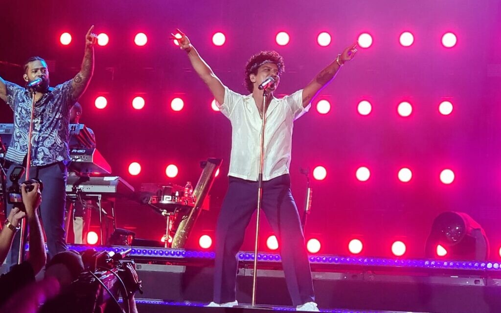 Pop singer Bruno Mars performs at Yarkon Park in Tel Aviv on October 4, 2023. (David Granot)