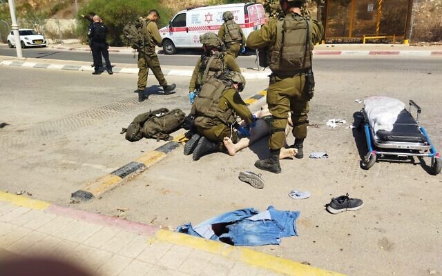 The scene of an attempted stabbing attack at Beit Aryeh settlement in the West Bank, October 7, 2023 (Courtesy)