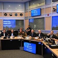 Prime Minister Benjamin Netanyahu leads a security cabinet meeting in Tel Aviv, October 7, 2023. (Haim Zach/GPO)