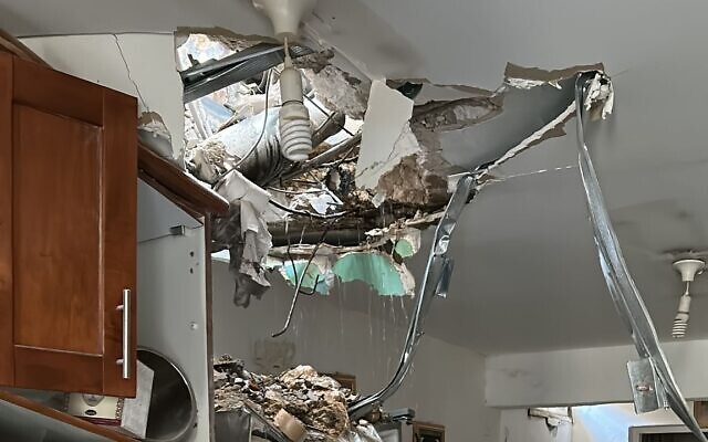 Damage caused to a home in Sderot from a rocket impact on October 17, 2023. (Sderot Municipality)