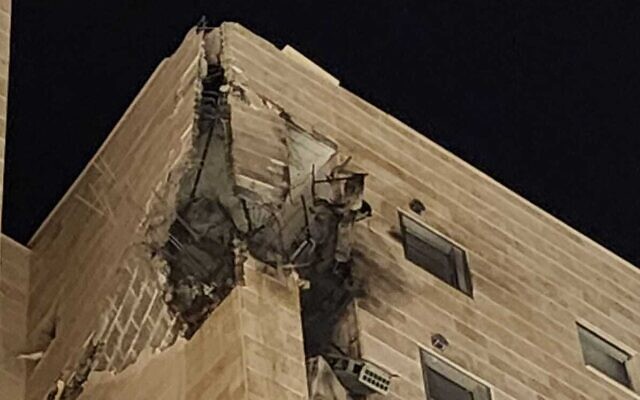 Damage to a building in Sderot from a direct rocket strike, October 17, 2023. (Sderot Municipality)