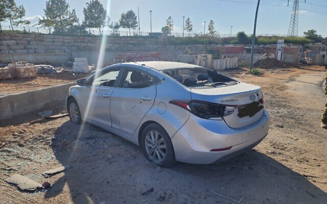 Damage to a car in Sderot from a rocket attack on October 19, 2023. (Sderot municipality)