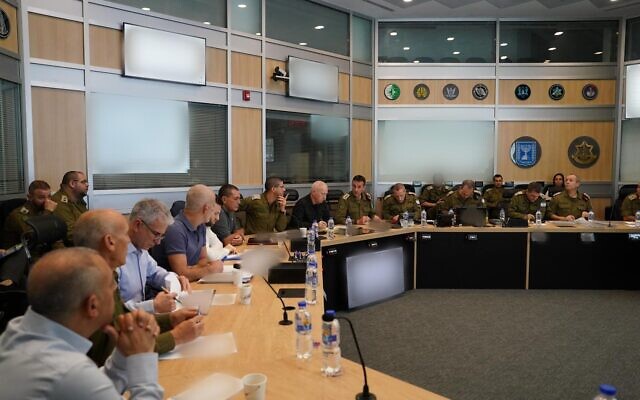 Defense Minister Yoav Gallant leads a security assessment at the Kirya in Tel Aviv, October 23, 2023 (Ariel Hermoni/Defense Ministry)