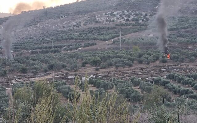 A picture provided by Yesh Din, allegedly of Palestinian property being burned by extremist settlers during an attack against Palestinian olive formers outside the village of Burin in the northern West Bank, October 25, 2023. (Courtesy Yesh Din)
