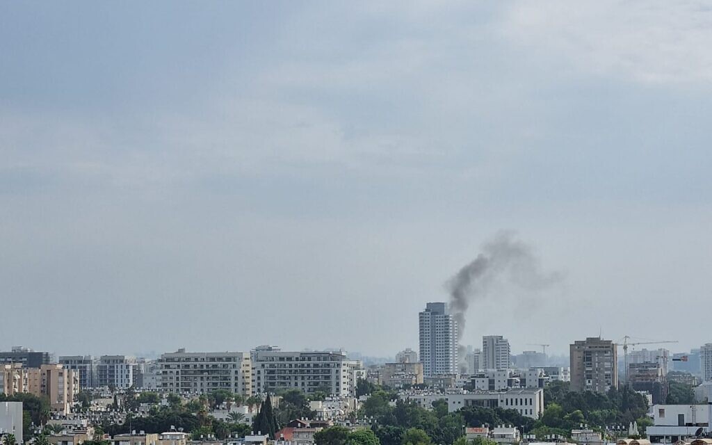 Smoke from a rocket attack rising over Tel Aviv on October 27, 2023. (Courtesy)