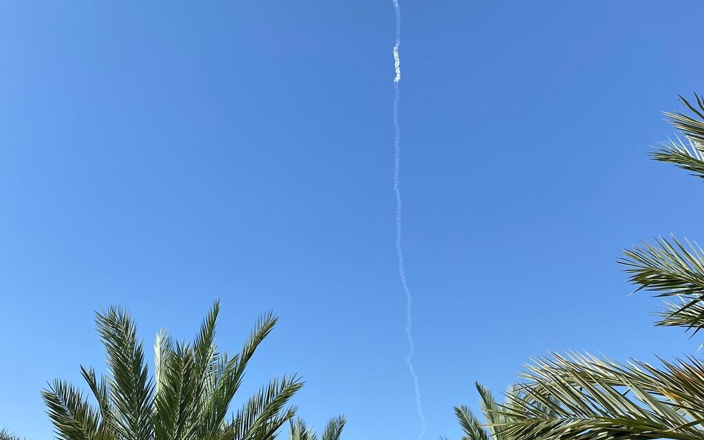 A trail of smoke, apparently from an Israeli air defense missile, is seen over the Eilat area in southern Israel, October 31, 2023. (Courtesy)