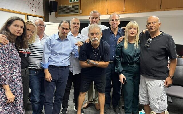 UJIA CEO Mandie Winston, left, and members of the solidarity mission that her organization organized to Israel, meet Israeli interlocutors in Jerusalem on October 30, 2023. (Courtesy)