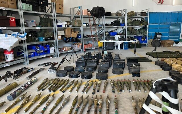 Weapons, recovered from Hamas terrorists following their murderous October 7 assault on southern Israel, on display at an army base in southern Israel, October 15, 2023. The weapons include guns, RPGs, mines and various types of explosive devices. (Israel Defense Forces)