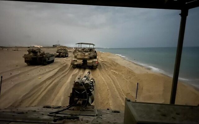 IDF tanks on the coast of the northern Gaza Strip, October 29, 2023. (Israel Defense Forces)