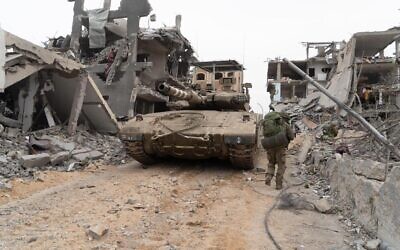 An IDF tank operating in Gaza, in a photo released by the Israeli military on October 31, 2023. (IDF Spokesperson)