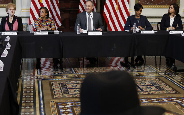 US Second Gentleman Douglas Emhoff (C), husband of Vice President Kamala Harris, delivers remarks during a roundtable about the rise of antisemitism with (L-R) Special Envoy to Monitor and Combat Antisemitism Deborah Lipstadt, White House Domestic Policy Adviser Susan Rice, Senior Adviser to the President for Public Engagement Keisha Lance Bottoms and White House Jewish Liaison Shelley Greenspan in the Indian Treaty Room at the Eisenhower Executive Office Building on December 7, 2022, in Washington, DC. (Chip Somodevilla/ Getty Images/ AFP)