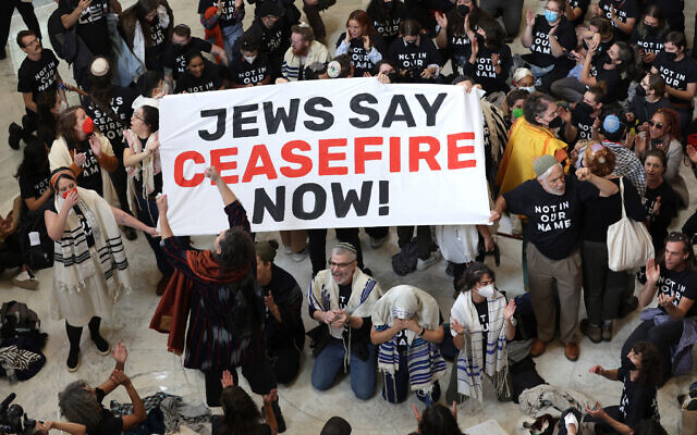 Protesters hold a demonstration in support of a ceasefire in Gaza in the Cannon House Office Building on October 18, 2023, in Washington, DC.  (Photo by ALEX WONG / GETTY IMAGES NORTH AMERICA / Getty Images via AFP)