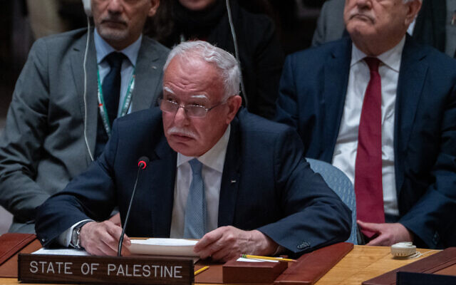 Palestinian Authority Foreign Minister Riyad al-Maliki addresses the United Nations Security Council at the United Nations Headquarters on October 24, 2023 in New York City.(David Dee Delgado/Getty Images/AFP)