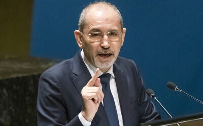 Jordan's Foreign Minister Ayman Safadi speaks at the UN General Assembly at United Nations headquarters on October 26, 2023, in New York City. (Eduardo Munoz Alvarez/Getty Images/AFP)