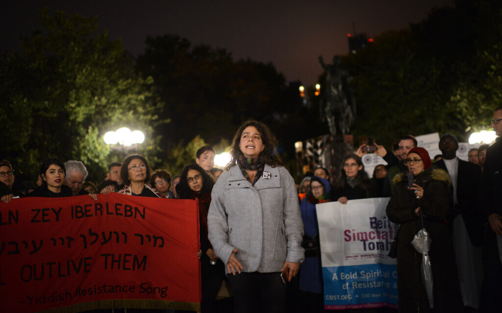 Jews for Racial and Economic Justice (JFREJ) director Audrey Sasson at a vigil for the victims of the Tree of Life synagogue shooting in October 2018. (Gili Getz)