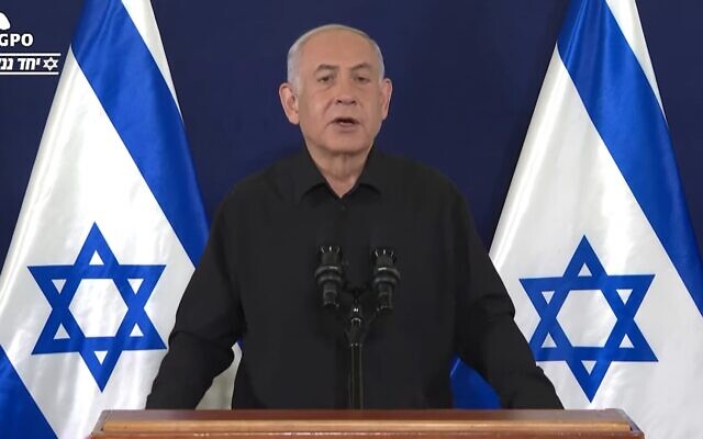 Prime Minister Benjamin Netanyahu gives a statement to foreign media outlets, October 30, 2023. (GPO/Screenshot)
