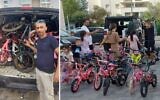 Composite image widely distributed on social media showing Alaa Amara distributing bicycles to evacuee children, on Thursday, October 12, 2023. (used in accordance with Clause 27a of the Copyright Law)