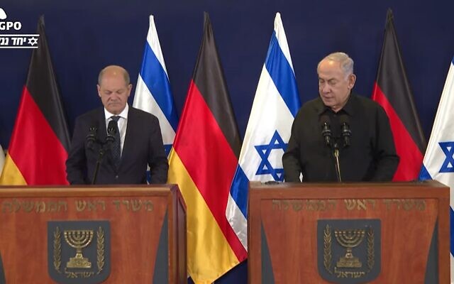 German Chancellor Olaf Scholz at a joint statement with Prime Minister Benjamin Netanyahu in Tel Aviv on October 17, 2023. (Screenshot/GPO)