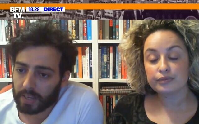 Idor Nagar (left) speaks on French television alongside a translator about his missing Israeli-French wife, Celine. (Screenshot used in accordance with clause 27a of the copyright law)