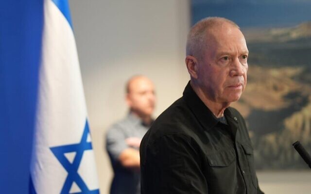 Defense Minister Yoav Gallant addresses the Israeli press from Tel Aviv's IDF headquarters, October 26, 2023. (Elad Malka/Defense Ministry)