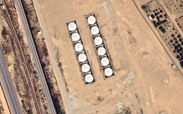 An image shared by the IDF showing twelve oil tanks in which Hamas  allegedly stores its reserves while the Gaza Strip is running out of fuel during the ongoing war with Israel, October 24, 2023. (IDF Arabic spokesman on X)