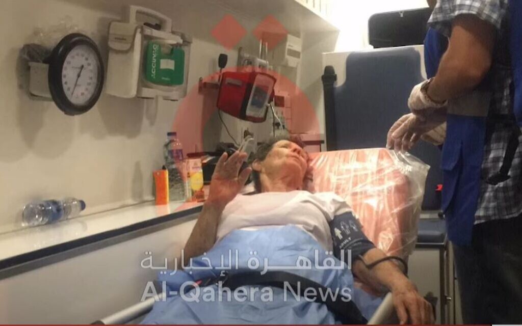 Yocheved Lifshitz in an ambulance after her release from Hamas captivity on October 23, 2023. (screen capture)