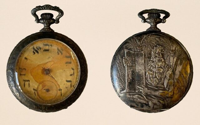 A front and back view of a pocket watch belonging to Jewish Titanic passenger Sinai Kantor, with salt water stains showing approximately when the ship sank. (Courtesy Henry Aldridge and Son. Design by Jackie Hajdenberg via JTA)