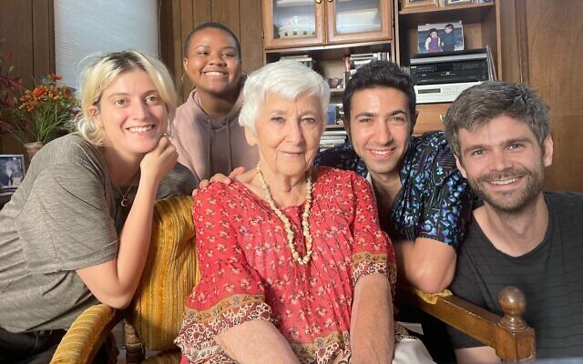 Daniel Lombroso, second from right, with his grandmother Nina Gottlieb, center, on the set of 'Nina & Irena.' (Courtesy of Lombroso via JTA)