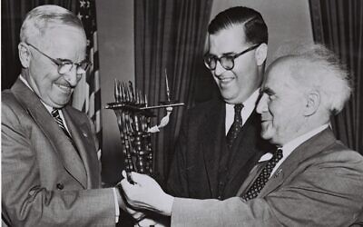 (From left to right) President Harry Truman, Israeli Ambassador to the U.S. Abba Eban, and Prime Minister David Ben-Gurion during the Israeli officials visit to the U.S. on May 1, 1951. Credit: National Photo Collection of Israel/Government Press Office.