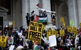 Pro-Palestinian protesters near Bryant Park in New York City, November 9, 2023. (Luke Tress via JTA)
