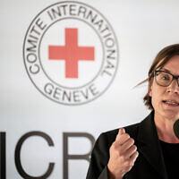 International Committee of the Red Cross (ICRC) President Mirjana Spoljaric Egger delivers remarks during a press briefing in Avully near Geneva, on June 7, 2023. (Fabrice COFFRINI / AFP)