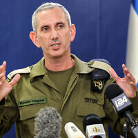 IDF Spokesman Rear Adm. Daniel Hagari speaks to the press at the Kirya military base in Tel Aviv on October 18, 2023. (Gil Cohen-Magen/AFP)
