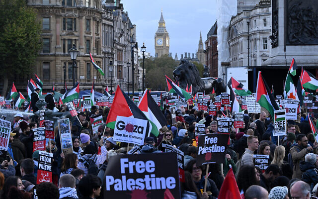 Protesters gather with placards and Palestinian flags during the 'London Rally For Palestine' in Trafalgar Square, central London on November 4, 2023. (Justin Tallis/AFP)