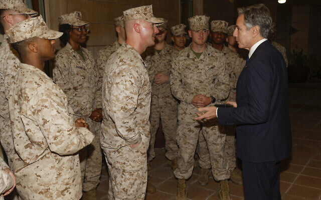 US Secretary of State Antony Blinken meets with the US Marine Corps embassy security guard detachment in Baghdad, Iraq, on November 5, 2023. (Jonathan Ernst/Pool/AFP)