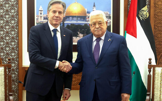 This handout picture provided by the Palestinian Authority's press office (PPO) shows Palestinian Authority President Mahmoud Abbas (R) meeting with US Secretary of State Antony Blinken in the West Bank city of Ramallah on November, 5, 2023, amid ongoing battles between Israel and terror group Hamas. (Photo by PPO / AFP)