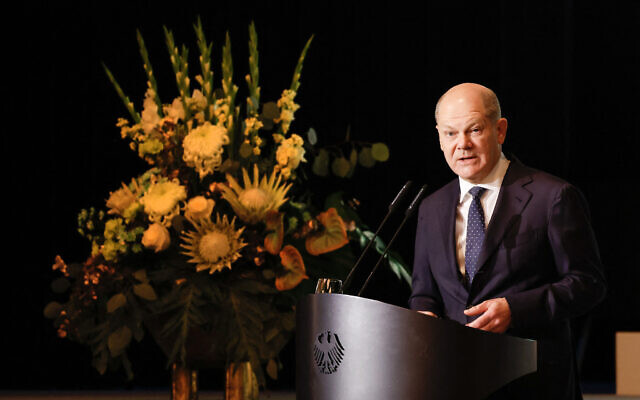 German Chancellor Olaf Scholz addresses the audience during the Bundeswehr Conference 2023, in Berlin, on November 10, 2023. (Odd ANDERSEN / AFP)