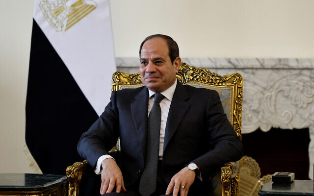 Egyptian President Abdel-Fattah el-Sissi gestures during a meeting with the French armies minister at the Ittihadia presidential Palace in Cairo on November 15, 2023. (Photo by Khaled DESOUKI / AFP)