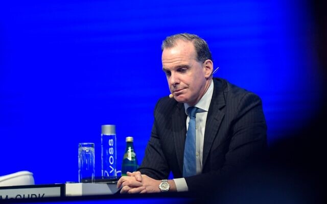 US National Security Council Coordinator for the Middle East and North Africa Brett McGurk speaks during the IISS Manama Dialogue security conference, in Manama on November 18, 2023. (Mazen Mahdi / AFP)