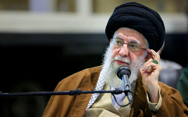 Iran's Supreme Leader Ayatollah Ali Khamenei speaking during a visit to the IRGC aerospace achievement exhibition in Tehran on November 19, 2023. (khamenei.ir / AFP)