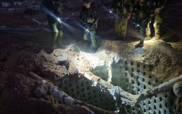 IDF troops find a tunnel shaft at the headquarters of Hamas’s northern Gaza brigade on November 22, 2023. (Israel Defense Forces)