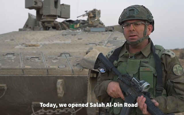 The head of COGAT’s Coordination and Liaison Administration to Gaza, Col. Moshe Tetro, issues a video statement from Gaza's Salah a-Din road, November 5, 2023. (Israel Defense Forces)