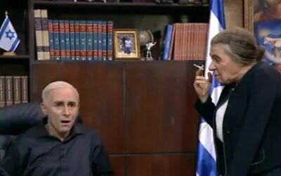 An 'Eretz Nehederet' skit on November 21, 2023, with Mariano Idelman as Prime Minister Benjamin Netanyahu (left) and Yuval Semo as former prime minister Golda Meir (Courtesy)