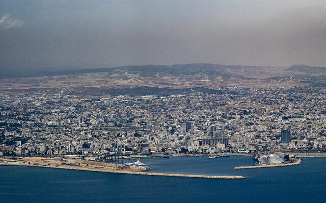 An aerial view of the harbor of the port of Cyprus's southern coastal city of Larnaca, May 28, 2021. (Amir MAKAR / AFP)