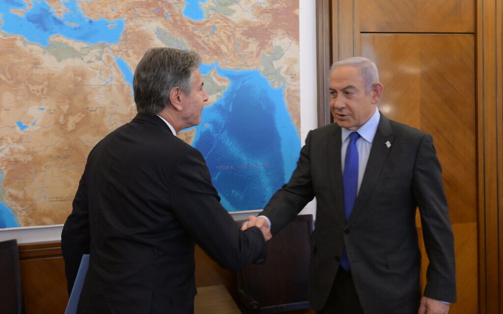 US Secretary of State Antony Blinken meets with Prime Minister Benjamin Netanyahu at the latter's office in Jerusalem on November 30, 2023. (Amos Ben-Gershom / GPO)