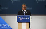 Belize Prime Minister Johnny Briceno speaks during the opening plenary session at the Summit of the Americas Thursday, June 9, 2022, in Los Angeles. (AP Photo/Marcio Jose Sanchez)