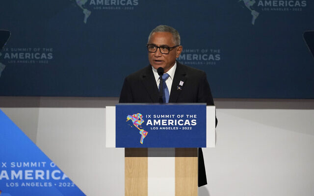 Belize Prime Minister Johnny Briceno speaks during the opening plenary session at the Summit of the Americas Thursday, June 9, 2022, in Los Angeles. (AP Photo/Marcio Jose Sanchez)