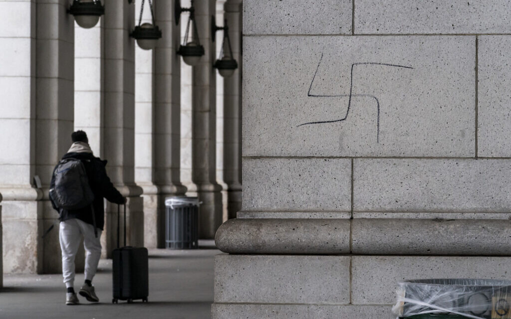 Illstrative: A hand-drawn swastika is seen on the front of Union Station near the Capitol in Washington, January 28, 2022. (AP Photo/J. Scott Applewhite, File)