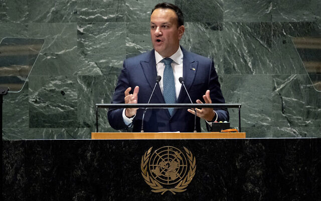 Leo Varadkar Taoiseach (Prime Minister) of Ireland addresses the 78th session of the United Nations General Assembly, September 22, 2023. (Craig Ruttle/AP)