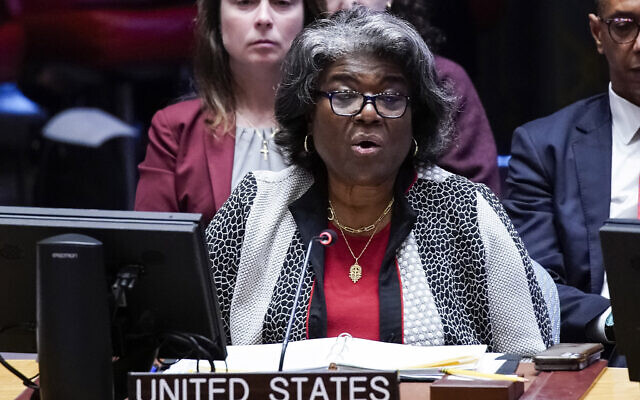 Linda Thomas-Greenfield, United States Ambassador to the United Nations, addresses members of the UN Security Council at United Nations headquarters, on October 30, 2023. (AP Photo/Eduardo Munoz Alvarez)